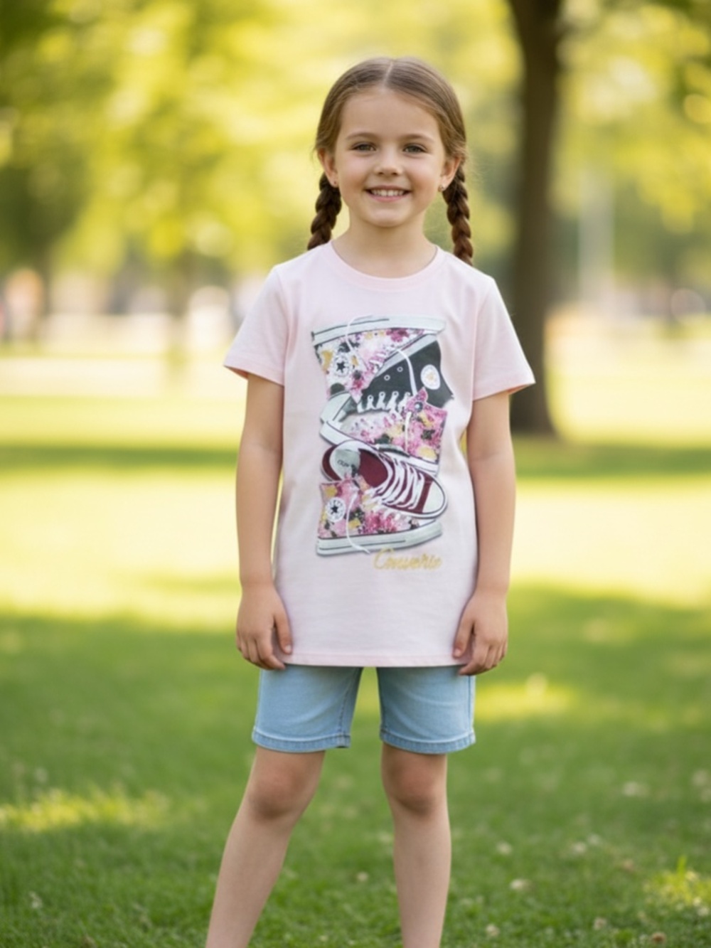 NWT Pink shirt with stacked Converse girls Lg